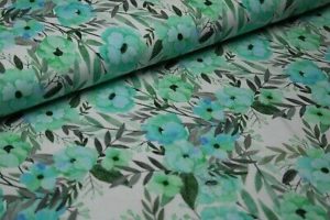 Baumwolljersey Blumen mint auf weiß