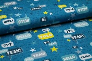 Baumwolljersey Blaubeerstern Yolo Schriftzüge blau