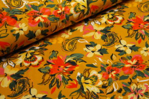 Baumwolljersey Blumen Paisley auf senf