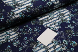 Baumwolljersey Blumen Streifen blau