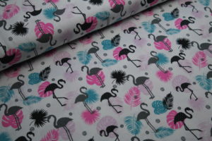 Baumwolljersey Fräulein von Julie Flamingos auf weiß