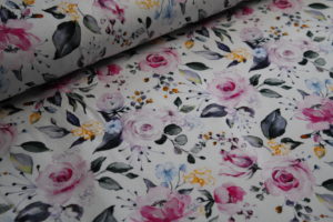 Jersey Viskose Crepé Fräulein von Julie Aquarell Rosen auf weiß