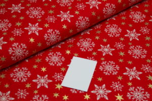 Baumwolle Webware Weihnachten Schneeflocken Sterne weiß gold auf rot