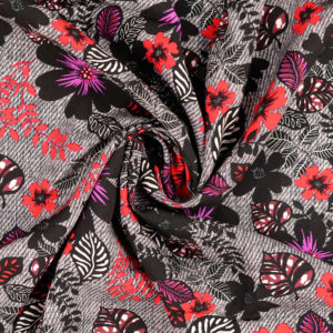 Viskose Webware Blumen Blätter Jeanslook grau