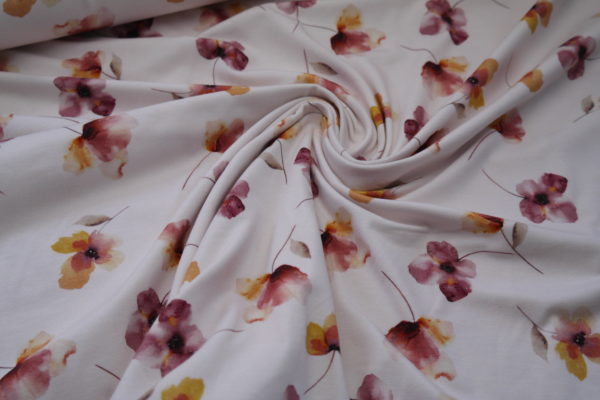 Baumwolljersey Organic Cotton Blumen mauve auf cremeweiß